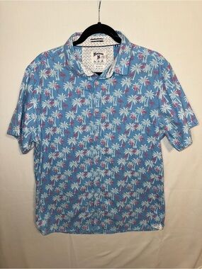 Recess Blue Palm Flamingo Print Short Sleeve Shirt Slim Fit Button Up Large